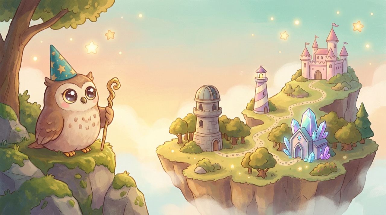 Professor Hoot the owl wizard looks out over a magical island